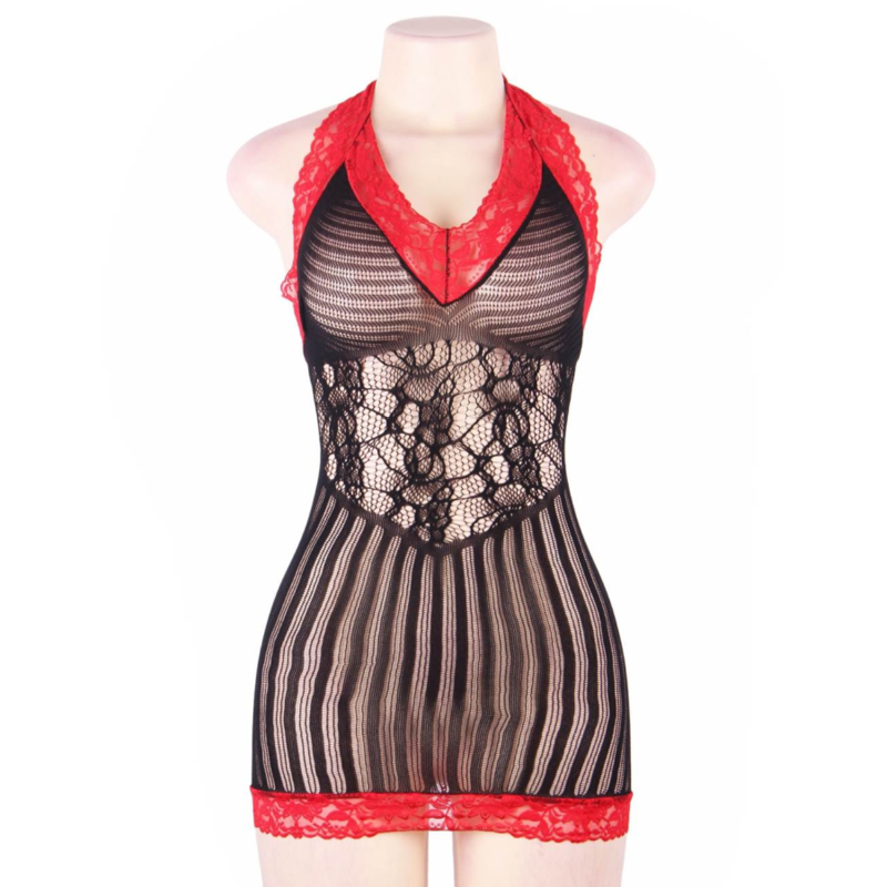 QUEEN LINGERIE - CHEMISE CROTCHET NEGRO Y ROJO S/L