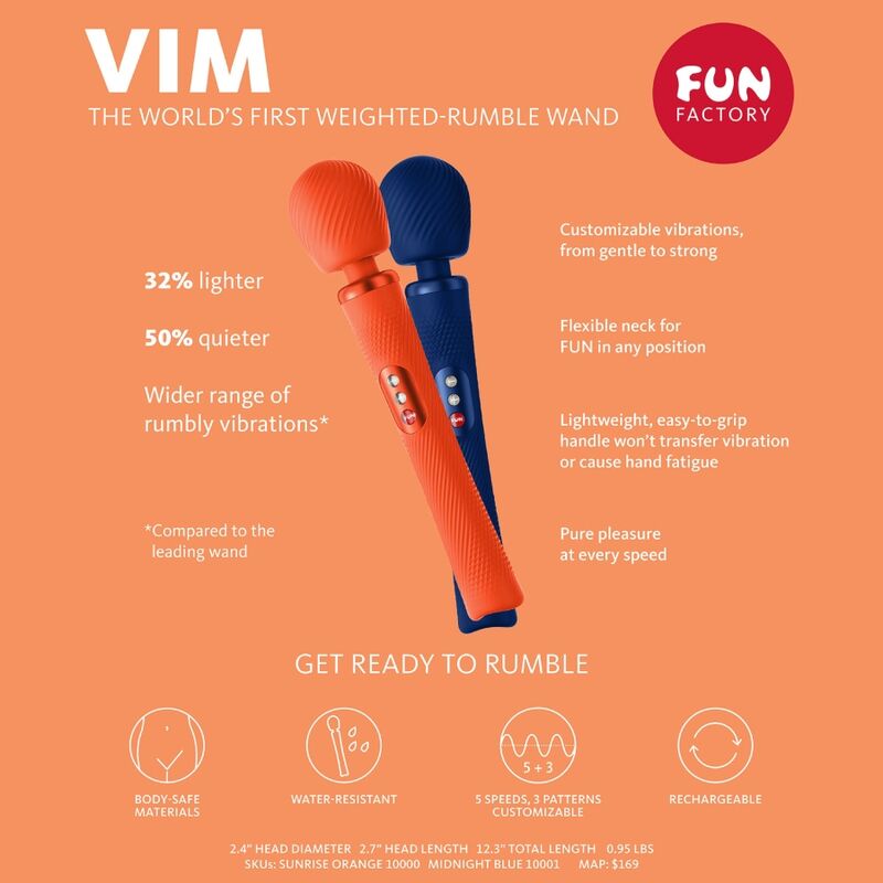 FUN FACTORY - VIM WAND RUMBLE RECHARGEABLE SILICONE VIBRATOR MIDNIGHT BLUE