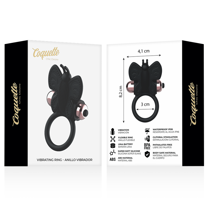 COQUETTE TOYS - COCK RING BUTTERFLY ANILLO VIBRADOR NEGRO / GOLD