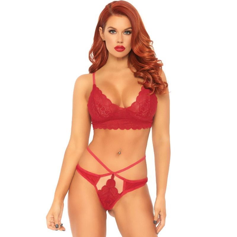 LEG AVENUE - 2 PIECE SET WITH DOUBLE STRAP THONG S/M RED